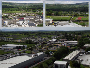 A view from the back corner of Garvey's SuperValu on Church Street to Browne's on the Piggery Road and off over the lush green hills towards Killarney. Insets: (top left) From the corner of Creamery Lane to the Desmonds GAA Club Grounds and up to Fahadubh. (top right) From the eastern corner of the Castleisland Co-Op Mart to The Crageens Rugby pitch and An Riocht. 