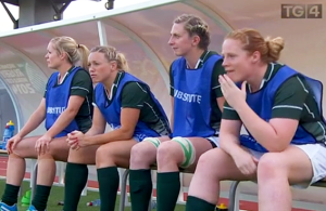 Sharon Lynch (centre left) beside Siobhán Fleming during the game against New Zealand and just before Siobhán was called in. Screen Pic: TG4 