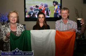 Denis 'Pele' Barry pictured at Tom McCarthy's during Saturday's WRWC game in which his neice Sharon Lynch scored two tries on her International debut. Denis is pictured here with Mary McCarthy and her grand-daughter, Valerie Lyons. ©Photograph: John Reidy