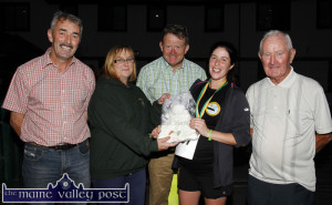A special presentation was made to local runner Maggie Prendiville who completed the Autumn Series of Three Couch-to-5K Road Races while awaiting the birth of her baby any moment now. The club commissioned a  Baby Blanket with the An Riocht AC Logo and a 'Born to Run' inscription. Maggie is pictured here (right) receiving the presentation from Georgina Fagan with Denny McSweeney, William Dennehy and Denis Brosnan, An Riocht AC. after the Couch-to-5K Road Race in Castleisland on Friday evening. ©Photograph: by John Reidy