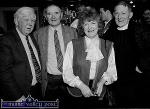 The late Johnny O'Leary (right) pictured with the late Ciarán Mac Mathúna (left) with Jimmy O'Brien and Ciarán's wife, Dolly McMahon on the occasion of the celebration of his 40th year of Radio Éireann broadcasting at the River Island Hotel in Castleisland in March 1995.  ©Photograph: John Reidy  11-3-1995