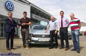 Denis Divane, MD Divanes Castleisland presenting VW Brand Ambassador, Eamonn Fitzmaurice with the keys of the 152 KY Passat Highline at the Killarney Road, Castleisland base on Friday afternoon. Included are: Paul Langston and John Vahey, Divanes Castleisland and Martin Conlon, VW Ireland After Sales Area manager. ©Photograph: john Reidy