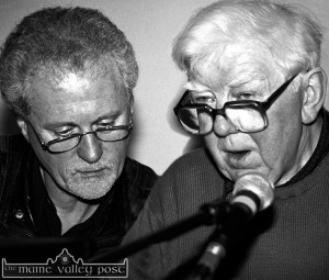 Dr. Ciarán Mac Mathúna delivering a lecture on his travels around Sliabh Luachra down through the years at Scartaglin Heritage Centre with Matt Cranitch during the 2000 Patrick O'Keeffe Traditional Music Festival. ©Photograph: John Reidy 28-10-2000