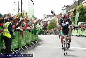 2011- The last RÁS stage finish in Castleisland:  French cyclist, Nikolay Mihaylov raises his arms in triumph as he crosses the line ahead of Oleksandr Sheydyk of the Ukraine at the end of the gruelling stage between Kilrush and Castleisland in May 2011. ©Photograph: John Reidy 24-5-2011