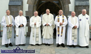 Fr. Kieran O'Shea, PP Knocknagoshel (centre) pictured after the concelebrated mass which marked the 40th anniversary of his ordination at St. Mary's Parish Church on Monday evening. Fr. O'Shea is pictured with, from left:  Fr. Tom McMahon, Fr. Micheal Galvin, Fr. Pat Sugrue, Fr. Patsy Lynch, Fr. Dan Griffin and Fr. John Shine. ©Photograph: John Reidy 25-6-2001