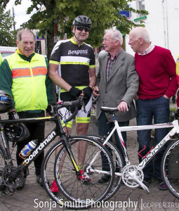 1966 Rás Tailteann riders being honoured in Ballyjamesduff in Co. Cavan earlier this year to commemorate the 50th anniversary of a stage finish in the town. Kerry team member and Castleisland native, Éamonn Breen (left) is pictured with an organiser and his Kerry team-mate and 19 ??? Rás winner, Gene Mangan, Killorglin and 19???? Rás winner Shay O'Hanlon of Dublin. ©Sonja Smith Photography